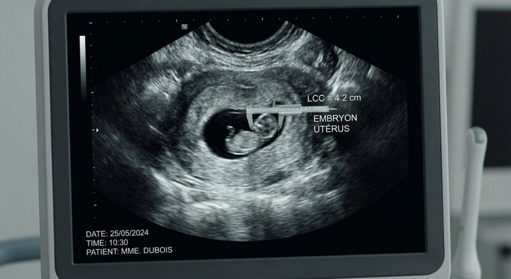 Échographie pelvienne illustrant la mesure de la longueur crânio-caudale (LCC) d'un embryon