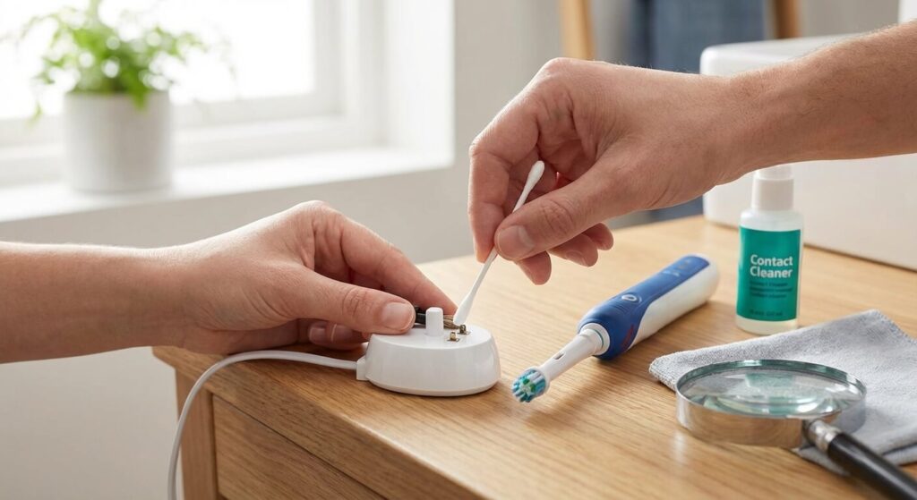 Nettoyage minutieux des contacts métalliques du chargeur d'une brosse à dents électrique