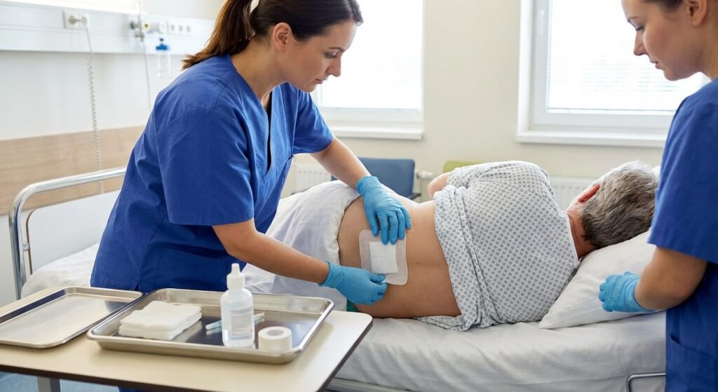 Cicatrice de hernie discale gonflée : Évolution normale ou infection ? 3 Soins infirmiers et réfection du pansement sur la zone opératoire de la colonne vertébrale