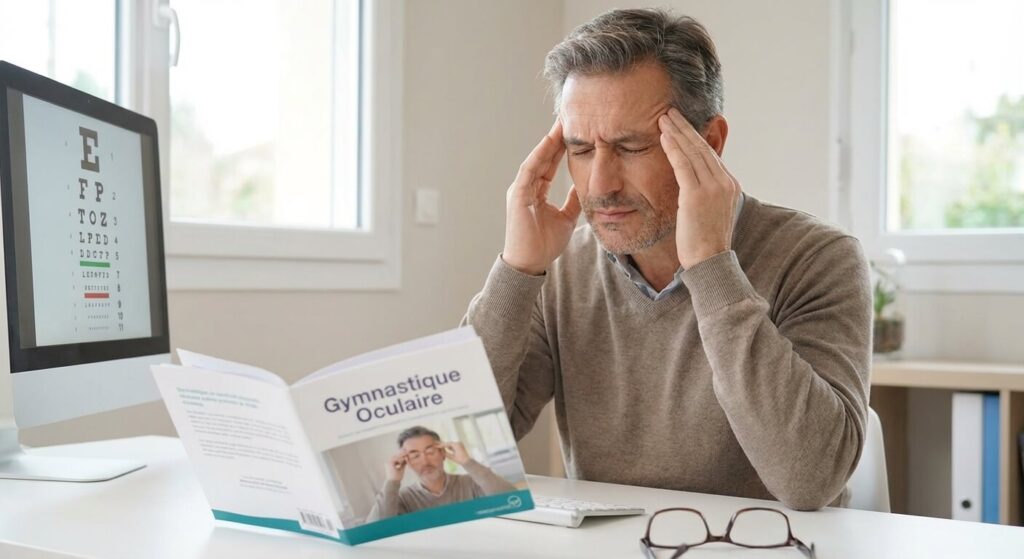 Patient se massant les tempes suite à un mal de tête passager après une séance de gymnastique oculaire