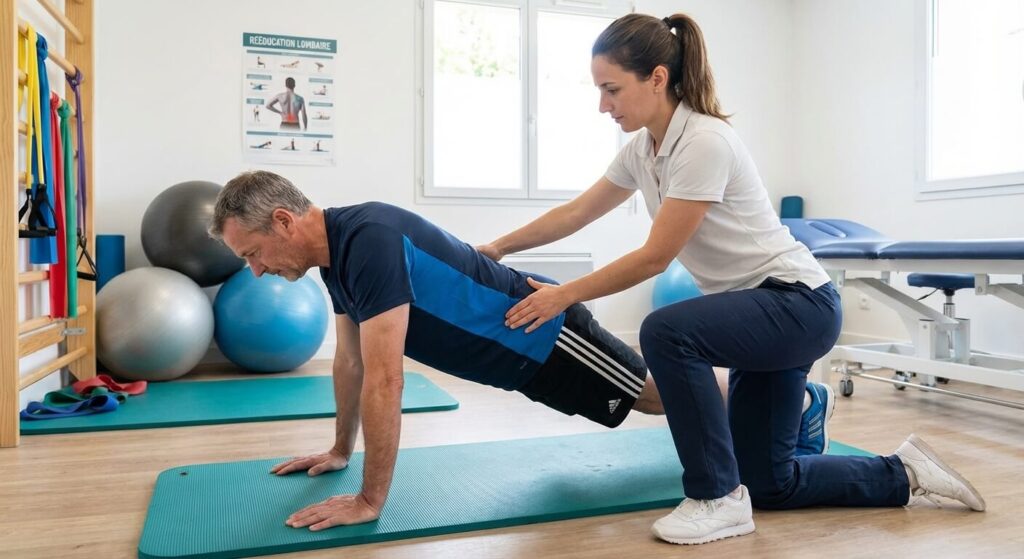 Patient effectuant des exercices de rééducation lombaire encadré par un kinésithérapeute suite à un traumatisme du dos