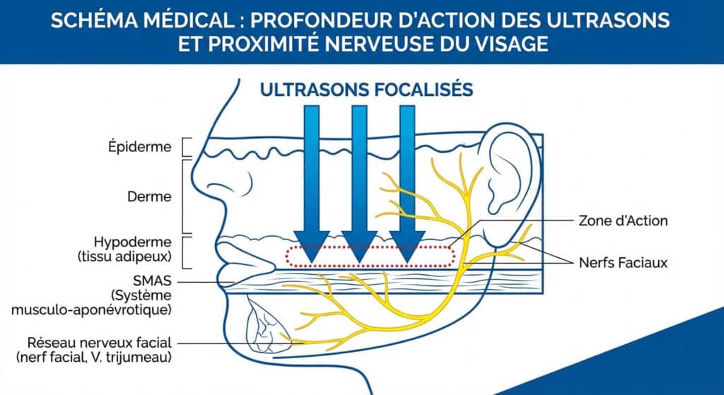 Ultherapy et ses dangers : Quels sont les risques réels du lifting médical ? 3 Schéma médical illustrant la profondeur d'action des ultrasons et la proximité avec le réseau nerveux du visage