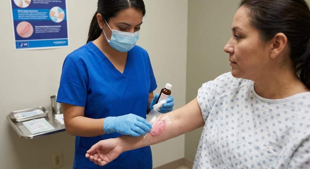 Infirmière appliquant un soin antiseptique stérile sur une plaie dermatologique en cours de cicatrisation