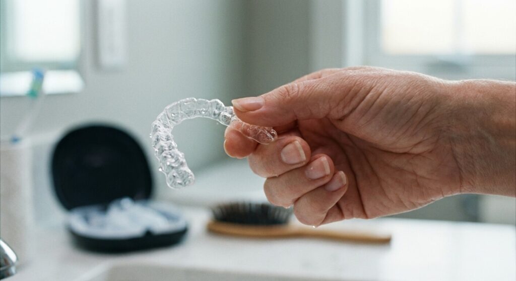 Gros plan sur une main de femme tenant une gouttière orthodontique transparente amovible pour adulte.