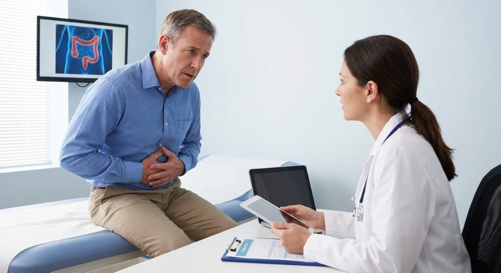 Toujours des douleurs après une colectomie gauche : causes et solutions 2 Patient consultant son médecin pour des douleurs abdominales persistantes après une chirurgie du côlon