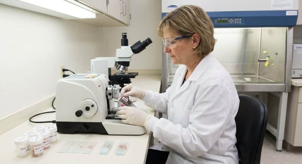 Médecin pathologiste préparant des prélèvements de tissus pour une analyse microscopique