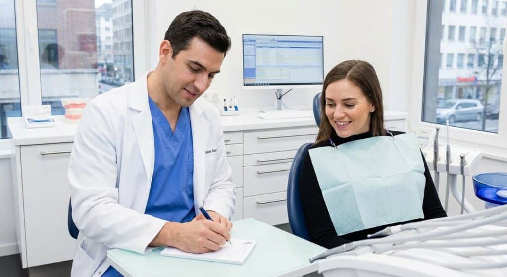 Un dentiste peut-il prescrire un arrêt de travail ? Droits et démarches 2 Chirurgien-dentiste rédigeant une prescription médicale pour un patient en cabinet