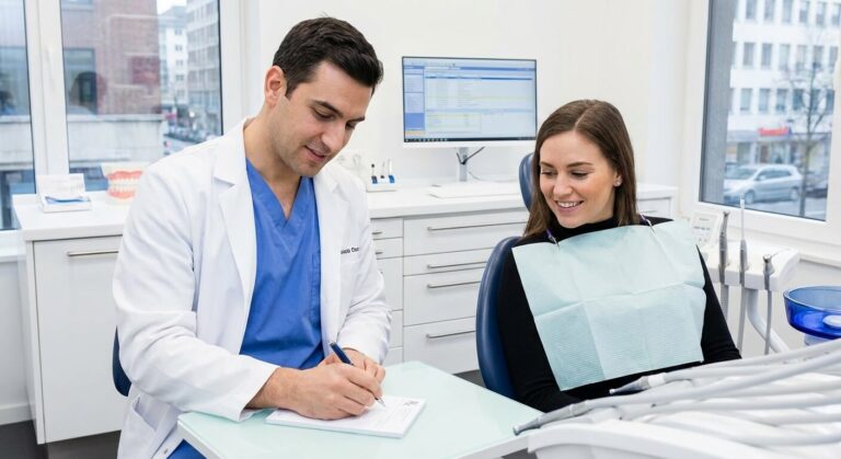 Accueil 1 Chirurgien-dentiste rédigeant une prescription médicale pour un patient en cabinet