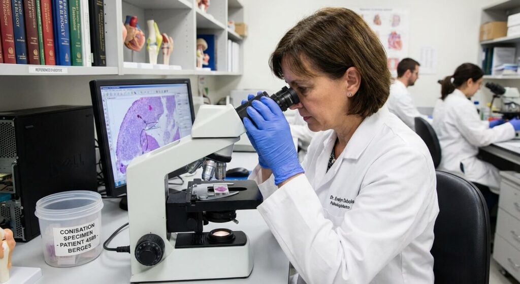 Pathologiste analysant une pièce de conisation au microscope pour vérifier les berges