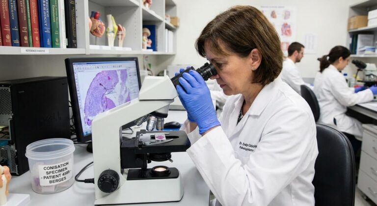 Pathologiste analysant une pièce de conisation au microscope pour vérifier les berges