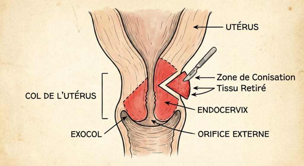 Vue schématique du col de l'utérus montrant la zone retirée lors d'une conisation