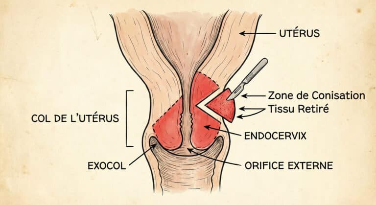 Accueil 1 Vue schématique du col de l'utérus montrant la zone retirée lors d'une conisation