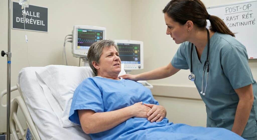 Patient ressentant des crampes abdominales après une chirurgie de rétablissement de la continuité digestive