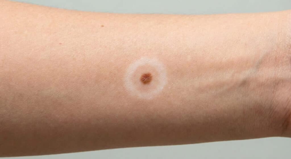 Grain de beauté entouré d'un cercle blanc dépigmenté (Halo naevus)