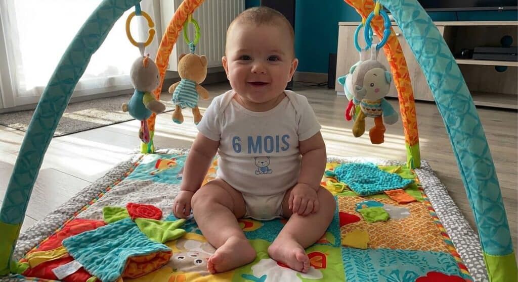 Bébé portant un body de taille 6 mois assis sur un tapis d'éveil