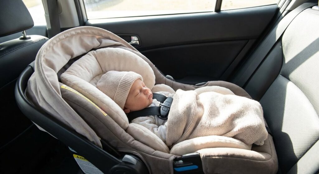 Nouveau-né bien calé dans son siège auto coque grâce au coussin réducteur