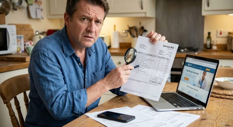 Patient examinant une facture dentaire suspecte pour entamer une démarche de réclamation