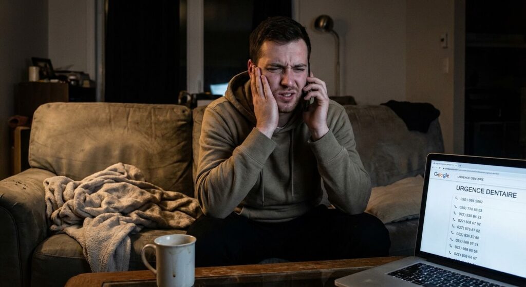 Patient souffrant d'une rage de dents tentant de contacter un service de garde dentaire
