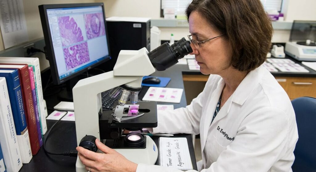 Index mitotique faible : qu’est-ce que cela signifie pour votre diagnostic ? 3 Pathologiste analysant le grade d'agressivité d'une tumeur sur une lame de verre