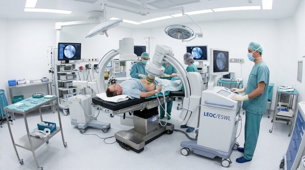 Machine de Lithotritie Extracorporelle par Ondes de Choc (LEOC) dans un bloc opératoire d'urologie