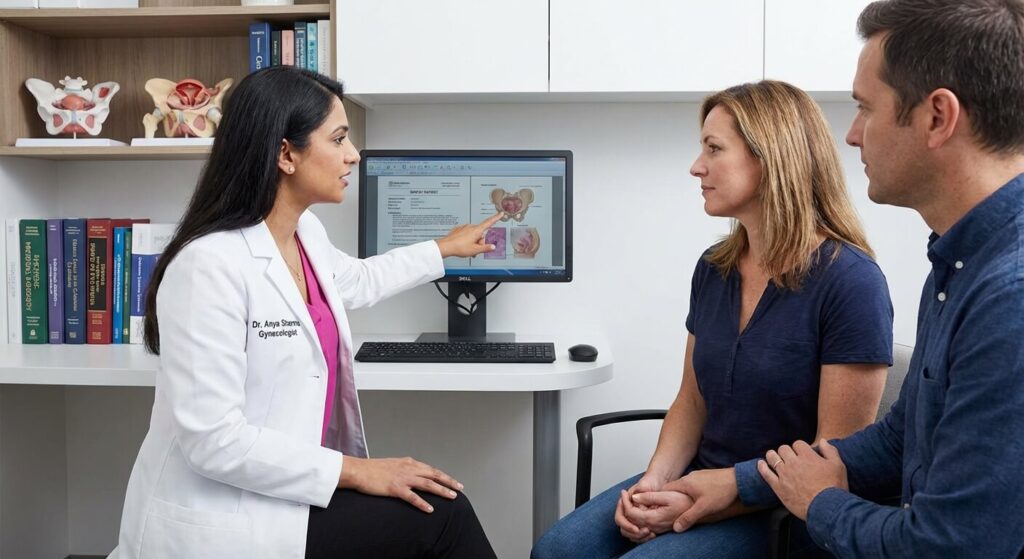 Gynécologue expliquant les résultats d'une analyse de biopsie à une patiente