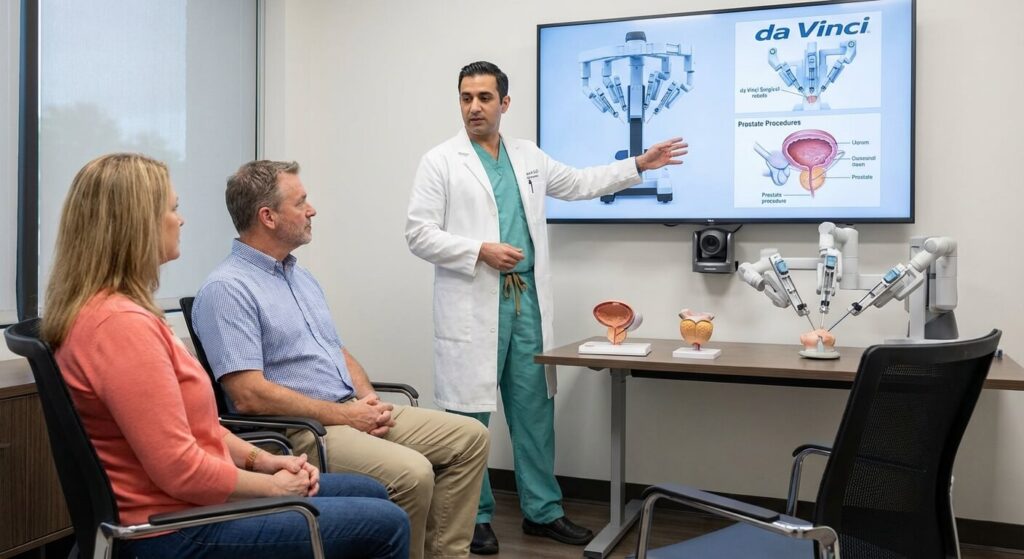 Urologue présentant les options de chirurgie robotique pour le traitement de la prostate