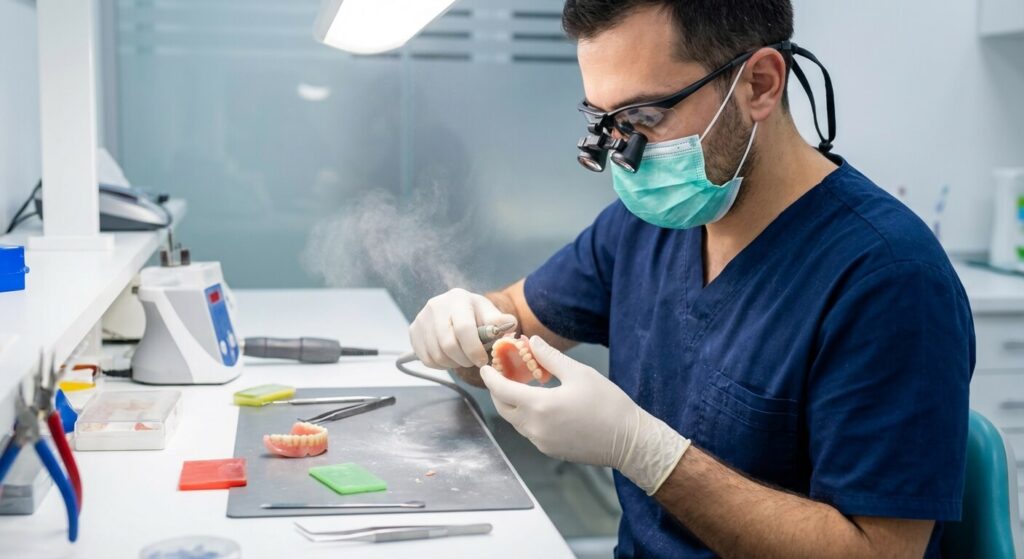 Chirurgien-dentiste effectuant des retouches sur une prothèse amovible pour améliorer le confort
