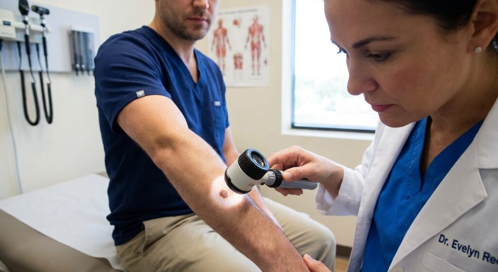 Dermatologue utilisant un dermatoscope pour analyser la perte de pigment d'un grain de beauté