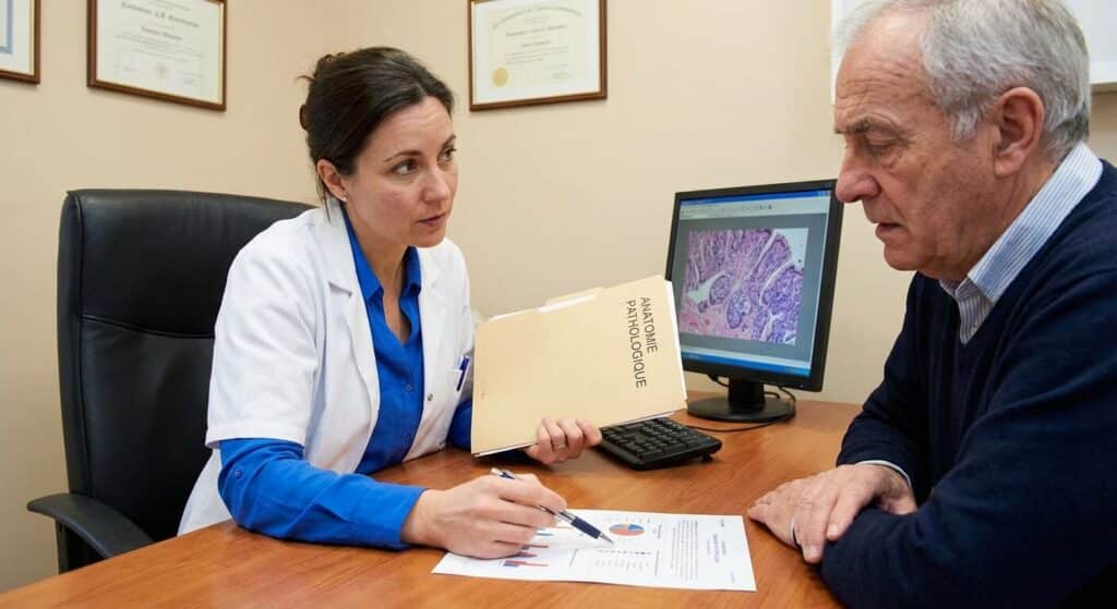 Médecin recevant les résultats de l'analyse anapath pour les expliquer à son patient