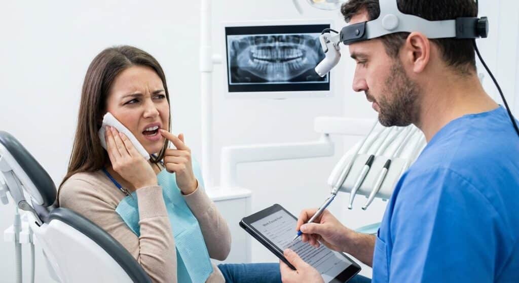 Un dentiste peut-il prescrire un arrêt de travail ? Droits et démarches 3 Patient souffrant d'une rage de dents consultant son dentiste pour obtenir des soins et un arrêt