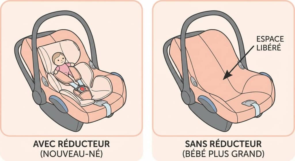 Illustration montrant l'espace libéré dans un cosy après le retrait du réducteur pour un bébé plus grand
