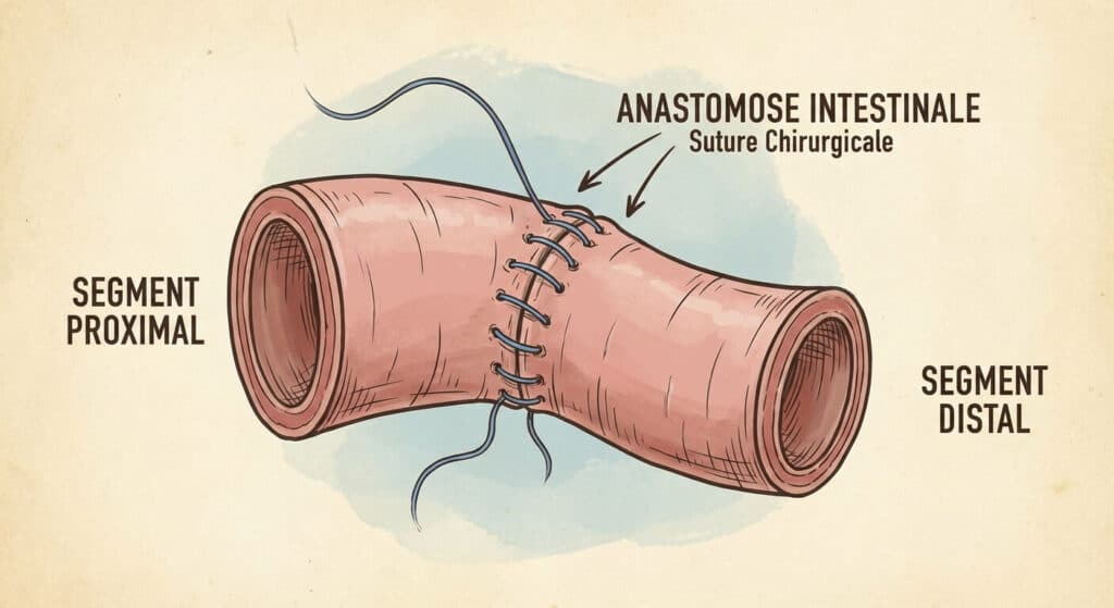 Schéma médical illustrant la suture chirurgicale (anastomose) entre deux segments d'intestin