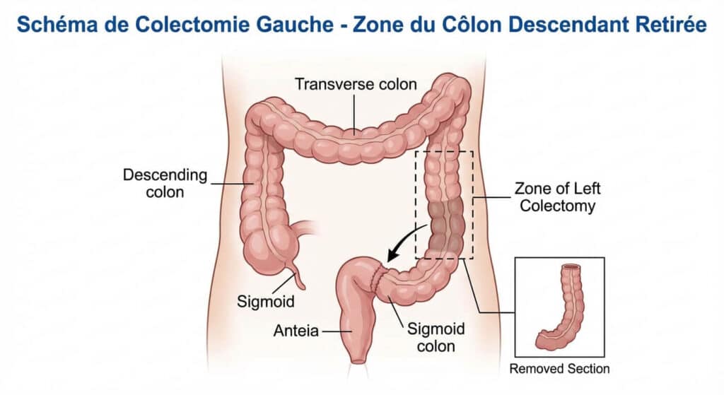 Toujours des douleurs après une colectomie gauche : causes et solutions 3 Schéma montrant la zone du côlon descendant retirée lors d'une colectomie gauche