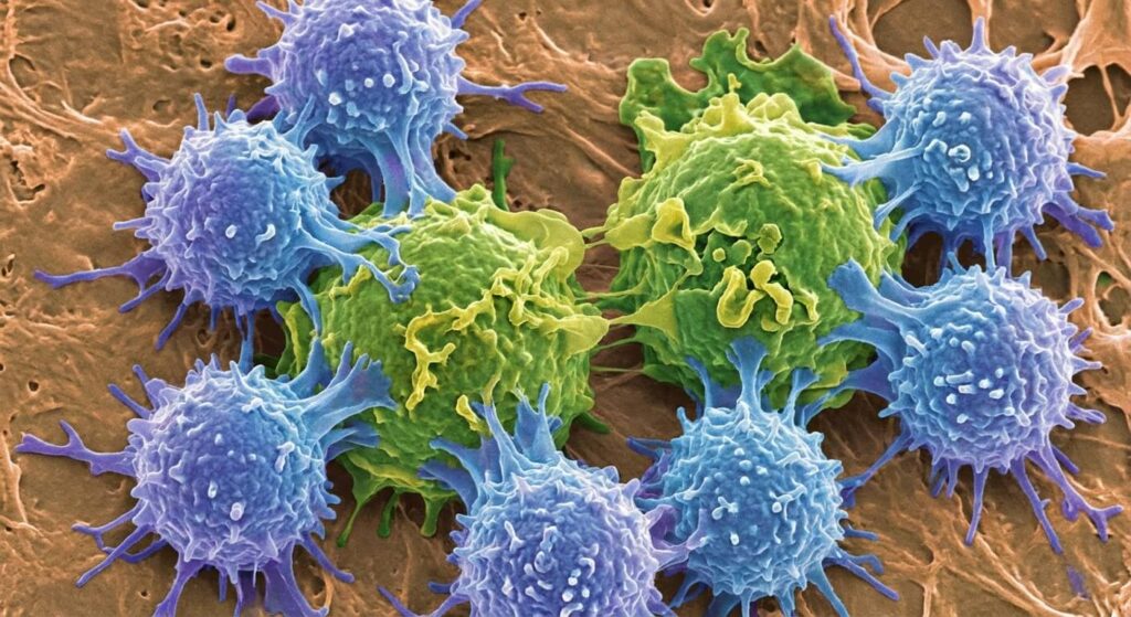 Représentation microscopique des cellules immunitaires luttant contre des cellules anormales