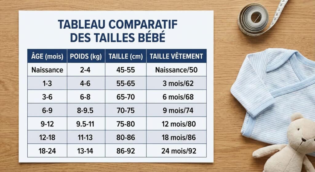 Tableau comparatif des tailles de vêtements bébé en fonction de l'âge, du poids et de la taille en cm