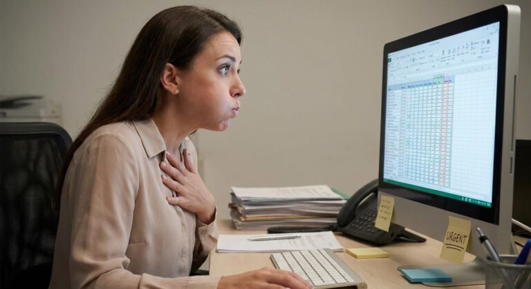 Femme au bureau bloquant sa respiration devant son écran d'ordinateur à cause du stress