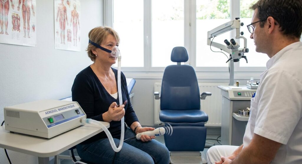 Patient effectuant une séance d'aérosolthérapie manosonique avec un masque nasal en cabinet ORL