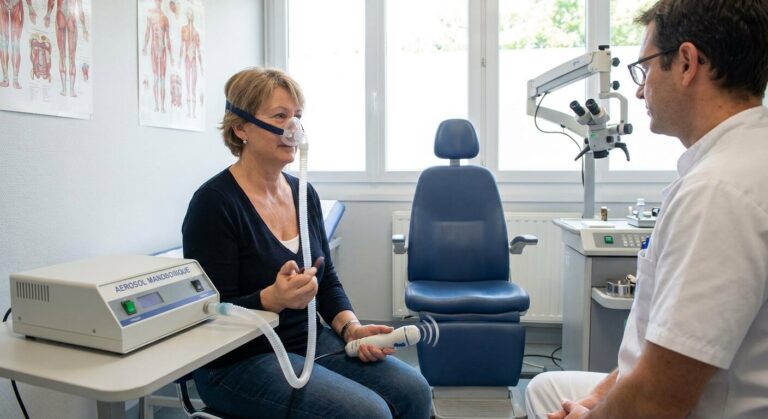 Patient effectuant une séance d'aérosolthérapie manosonique avec un masque nasal en cabinet ORL