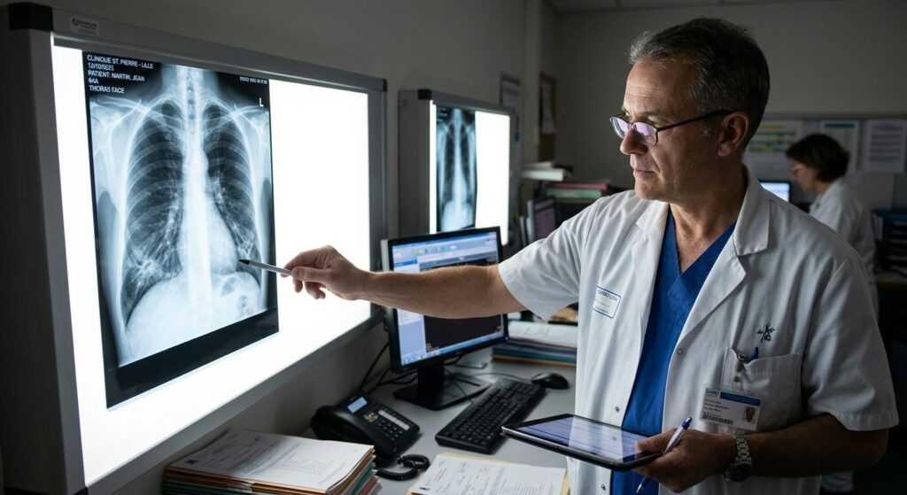 Médecin analysant une radiographie pulmonaire montrant un épaississement bronchique dans les deux bases