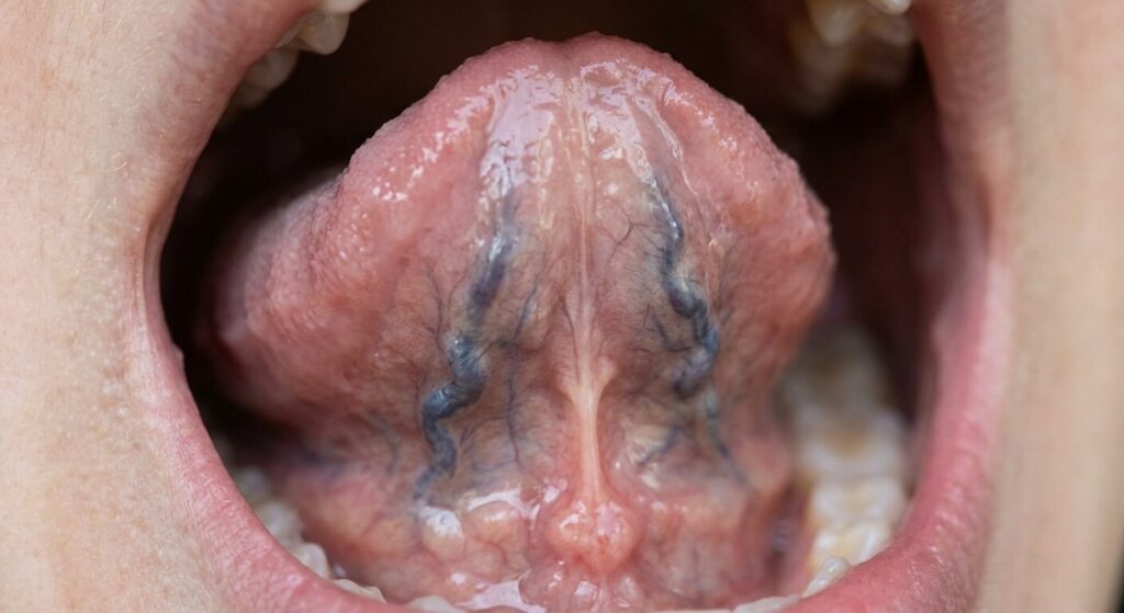 Vue rapprochée du dessous d'une langue soulevée montrant des veines bleues foncées et gonflées