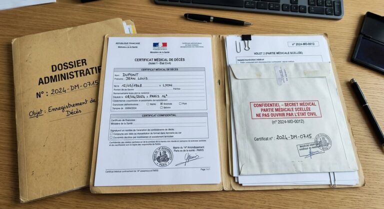 Dossier administratif contenant le certificat médical de décès en deux volets, dont la partie médicale scellée