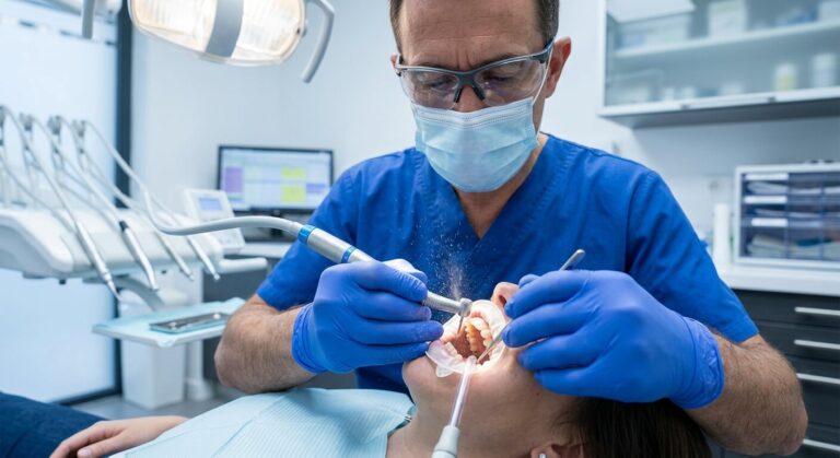 Chirurgien-dentiste utilisant une turbine équipée d'une fraise diamantée pour ajuster une couronne en céramique