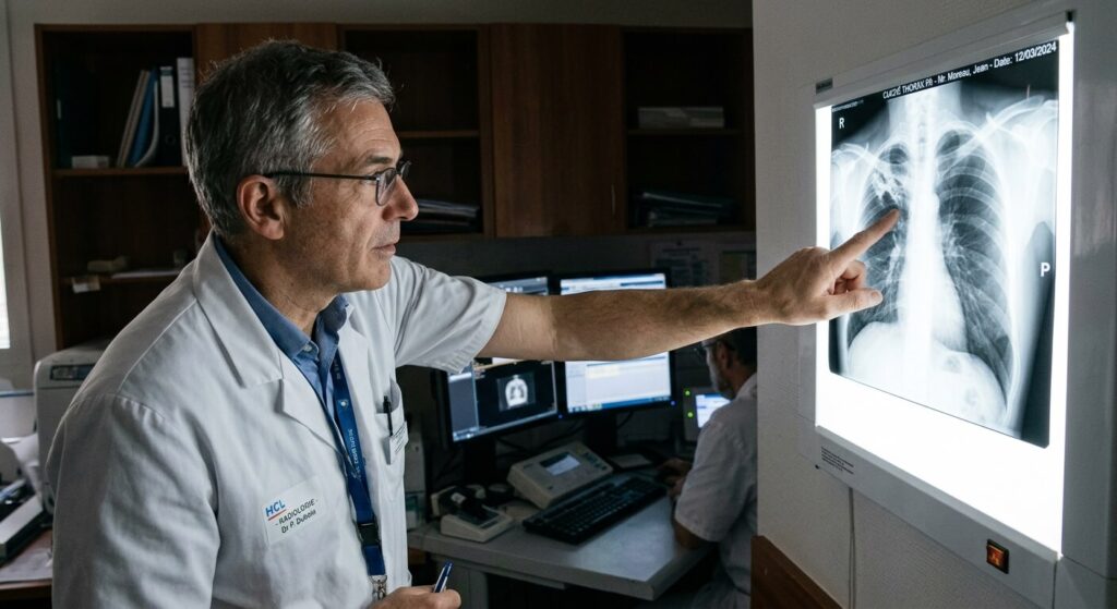Médecin radiologue pointant du doigt une ancienne cicatrice pulmonaire sur un cliché radiographique
