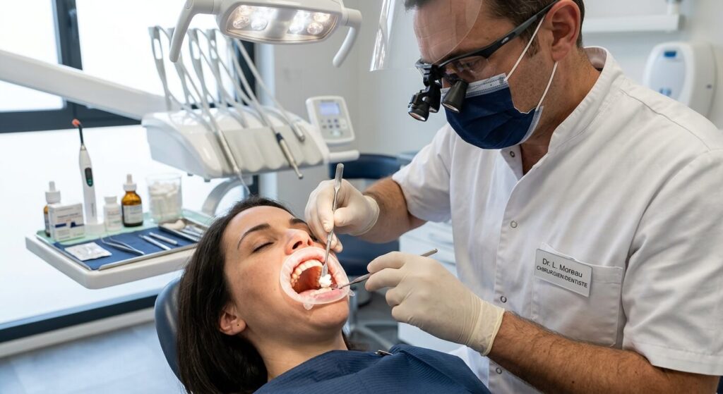 Chirurgien-dentiste appliquant un pansement provisoire à l'aide d'une spatule sur une molaire soignée