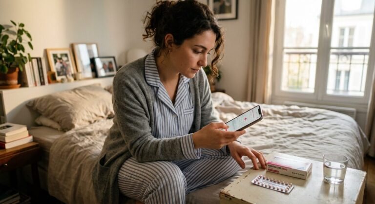 Femme vérifiant son calendrier menstruel à côté d'une boîte d'antibiotiques et d'une plaquette de pilules