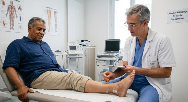 Médecin phlébologue testant la sensibilité nerveuse de la cheville d'un patient après une intervention sur les varices