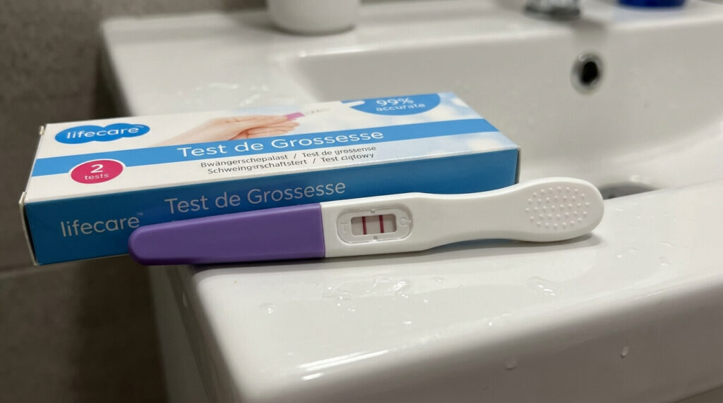 Que vaut réellement le test grossesse Action 10 UI ? 2 Boîtier de test de grossesse Action de la marque Lifecare affichant un résultat.