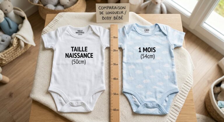 Comparaison visuelle de longueur entre un body taille naissance (50cm) et 1 mois (54cm).