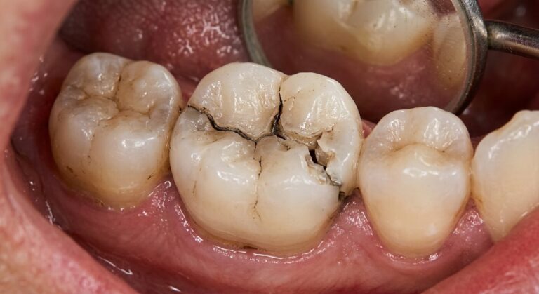 Gros plan sur une couronne en céramique présentant une fracture de fatigue structurelle.