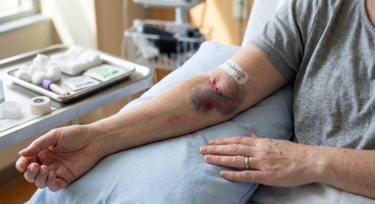 Patient présentant un gonflement bleuté au pli du coude après un prélèvement sanguin.
